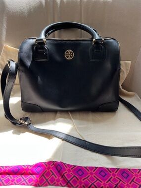 Tory Burch Black Saffiano Leather Bowling Satchel with Shoulder Strap